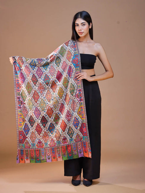 Women's Pure Wool Faux Pashmina Kalamkari Printed Embroidery Stole
